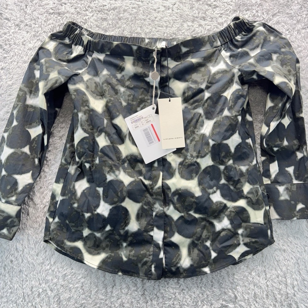 NWT Liviana Conti Off Shoulder Blouse Womens M IT 42 Black Abstract Print $289 - Picture 13 of 13